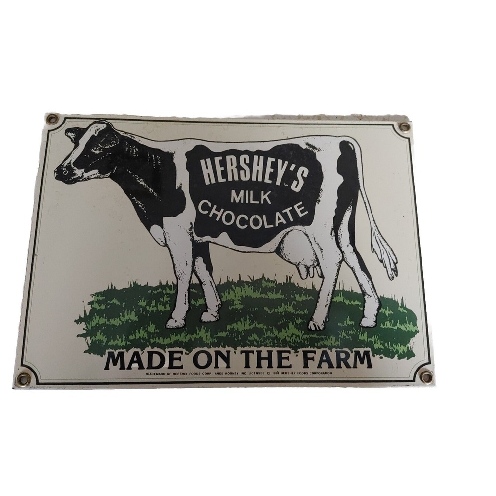 Vintage '91 Ande Rooney Hershey's Milk Chocolate Cow Porcelain Advertising Sign